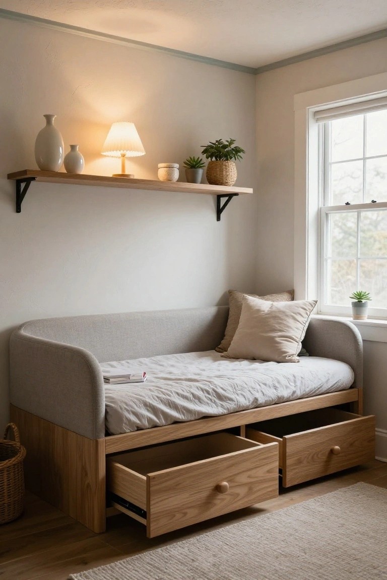 Gray upholstered curved daybed on oak frame with two open wooden drawers underneath, positioned in a white corner room with floating wooden shelf, lamp, plants, and window.