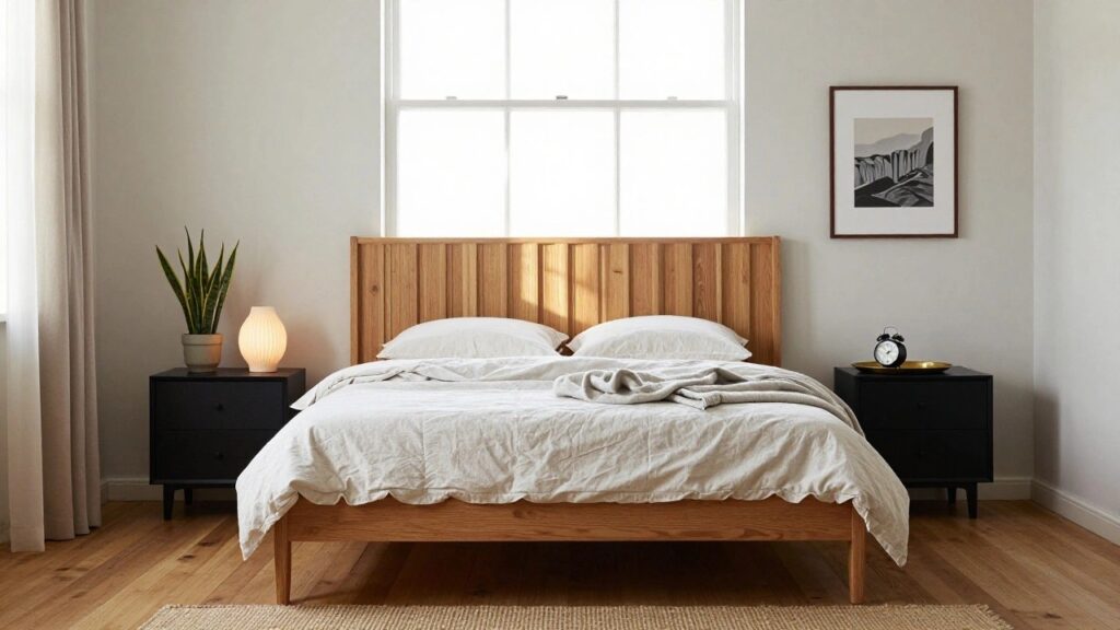 22 Stunning Bed Frame Ideas to Instantly Elevate Your Bedroom Bedroom with low wooden bed frame featuring vertical slats on headboard, rumpled white linens and throw, black nightstand with lamp and vase, opposite nightstand with plant, neutral walls, art prints, and window with blinds.