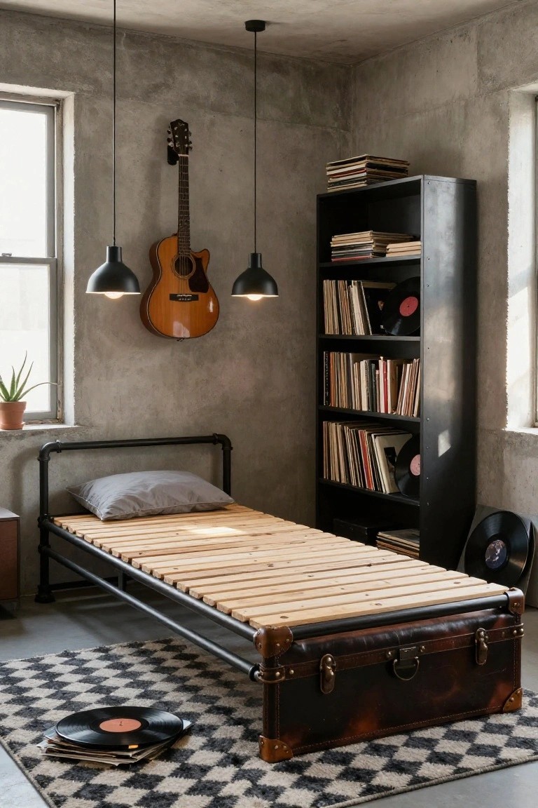Bedroom with black metal pipe bed frame on wooden slats and leather trunk footboard, black bookshelf of books and vinyl records, wall-mounted acoustic guitar, pendant lights, plant, and checkered rug on concrete floor.