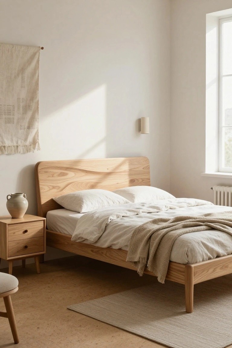 Bedroom with light oak platform bed featuring curved headboard, white rumpled sheets and pillows, oak nightstand with vase, small chair, neutral rug, and wall-hung textile in white room with window light.