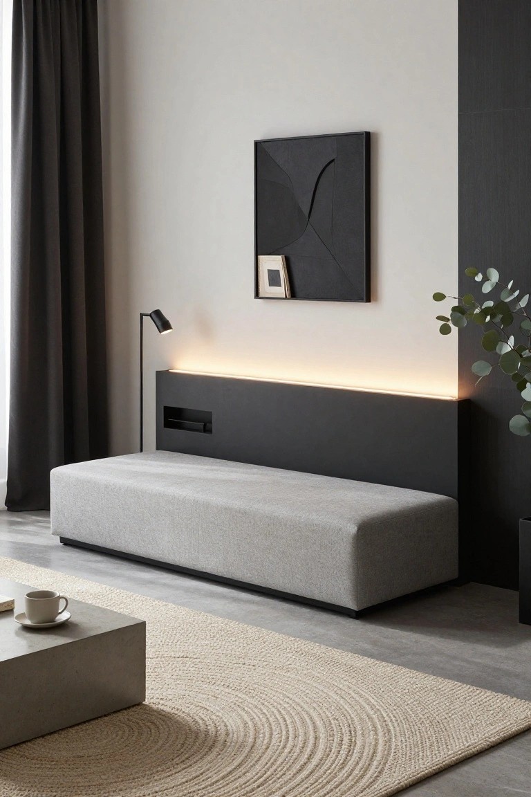 Minimalist gray bench with backlit wall niche and abstract art.