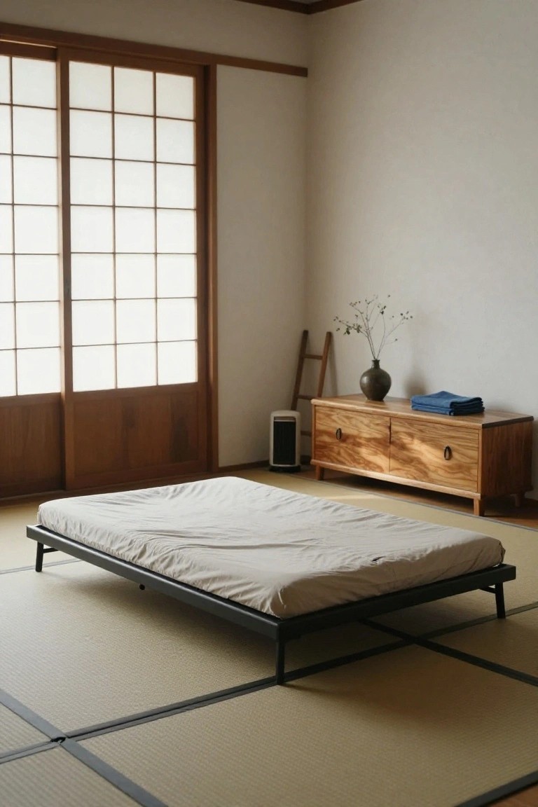 Minimalist Japanese-style bedroom with a low black metal bed frame on beige tatami mats, wooden low dresser with blue folded cloth and vase of dried branches, shoji screens, and air purifier.