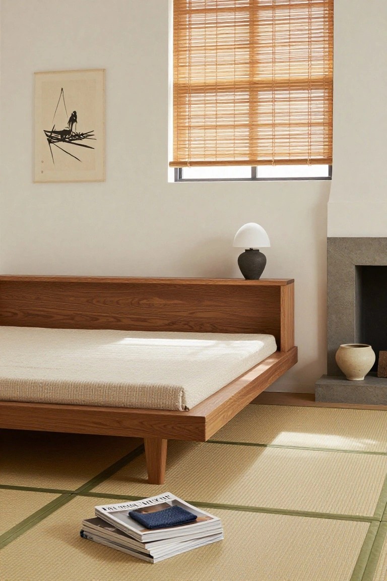 Minimalist wooden bed on tatami with Japanese art and blinds.