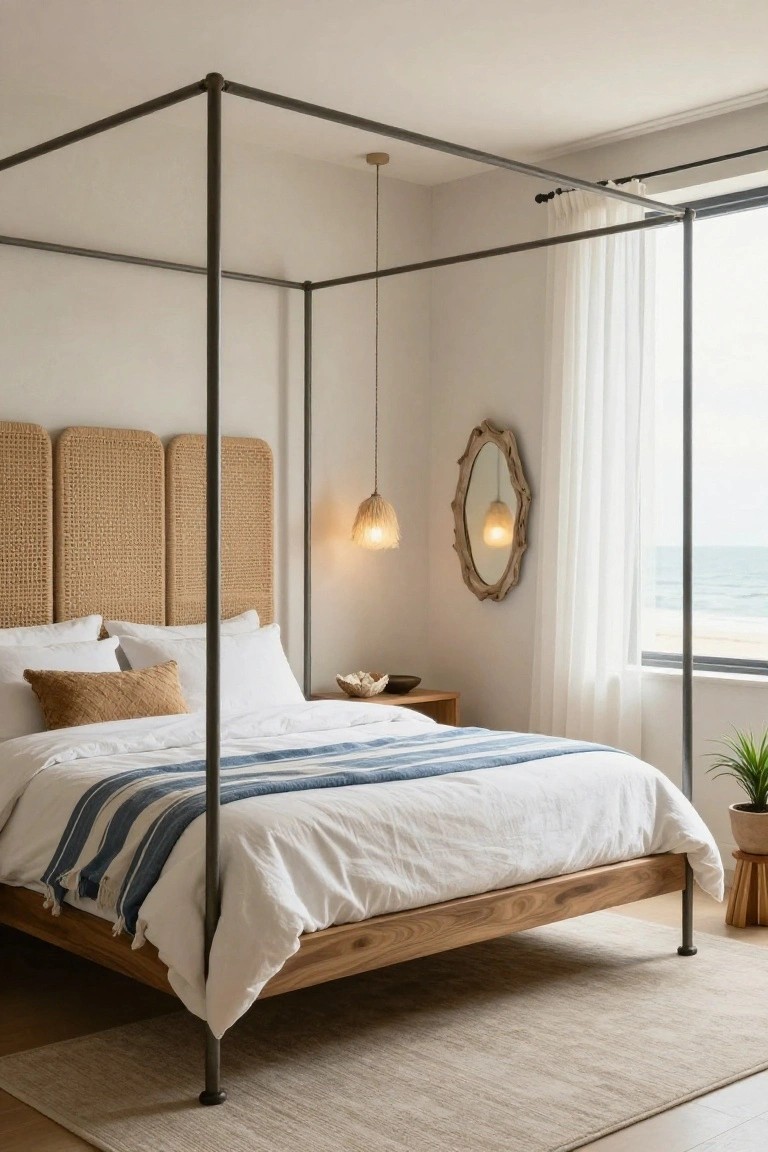 Bedroom with black metal canopy bed frame, rattan headboard panels, white sheets with blue striped throw, wooden side table, plant, and ocean view through sheer-curtained window.