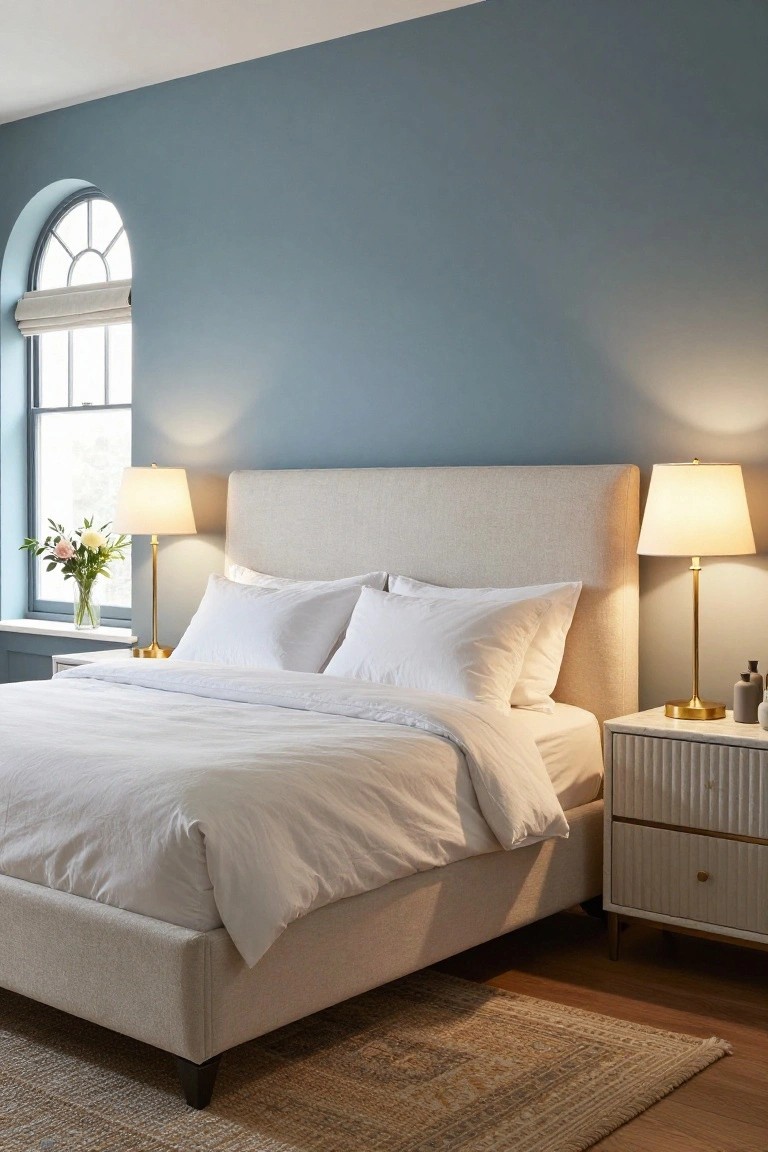 Bedroom with beige upholstered bed frame and headboard, white duvet and pillows, gold lamps on white nightstands, blue wall, arched window with blinds, and wood floor with rug.