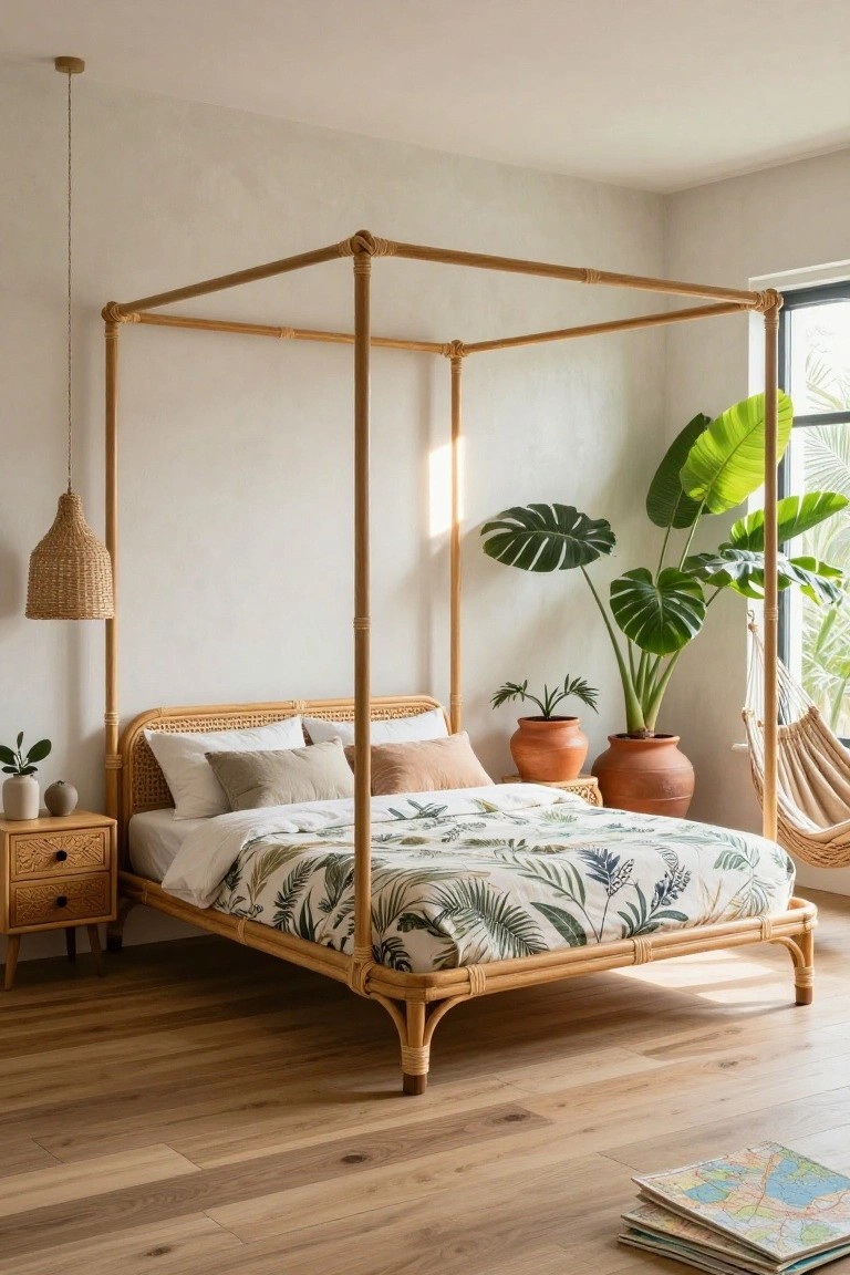 A bedroom with a light rattan four-poster canopy bed covered in white botanical duvet and pillows, next to a bedside table, large potted plants, terracotta pots, a hanging rattan lamp, and a hammock by a window on a wooden floor.