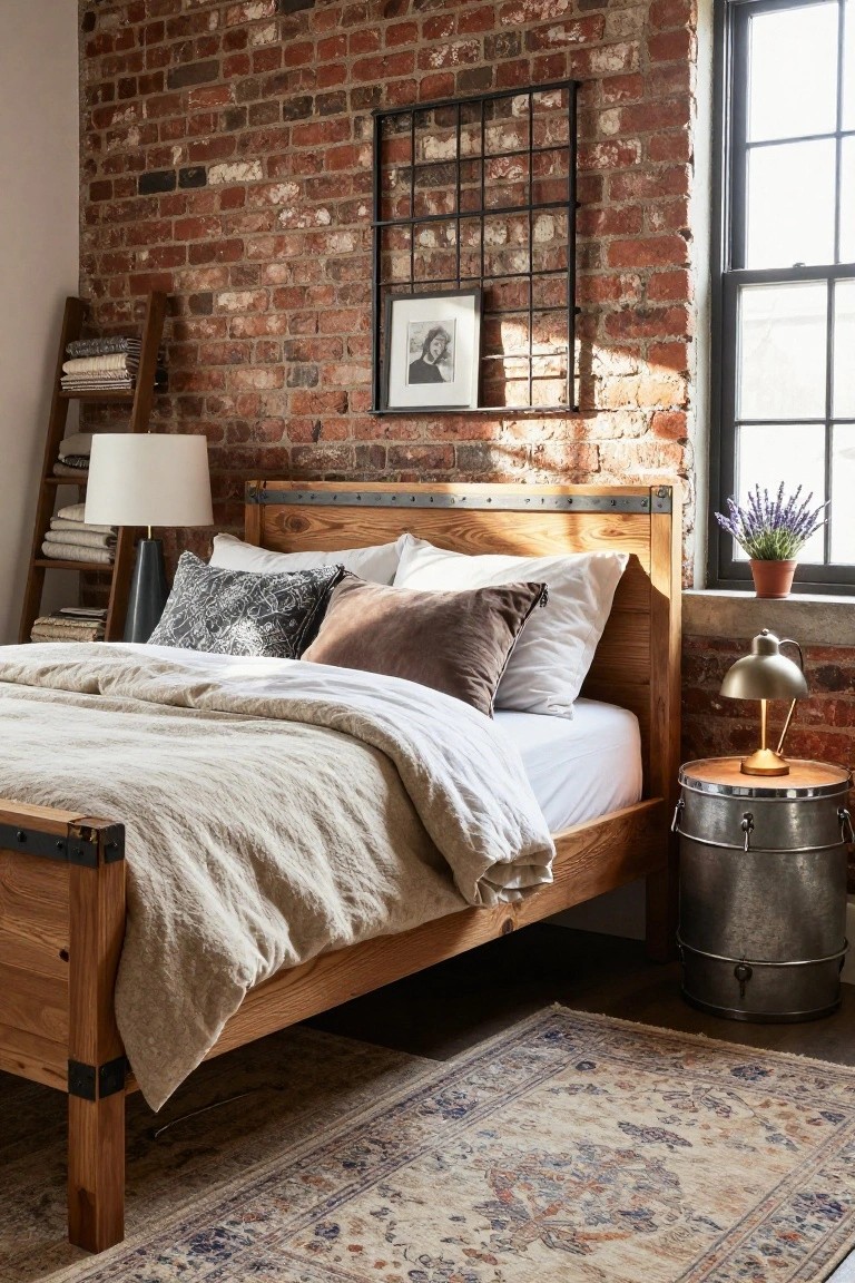 A bedroom with an exposed brick wall, wooden bed frame with black metal brackets and oak headboard, neutral linen bedding, patterned pillows, ladder shelf, lamps, lavender plant, and metal drum side table.