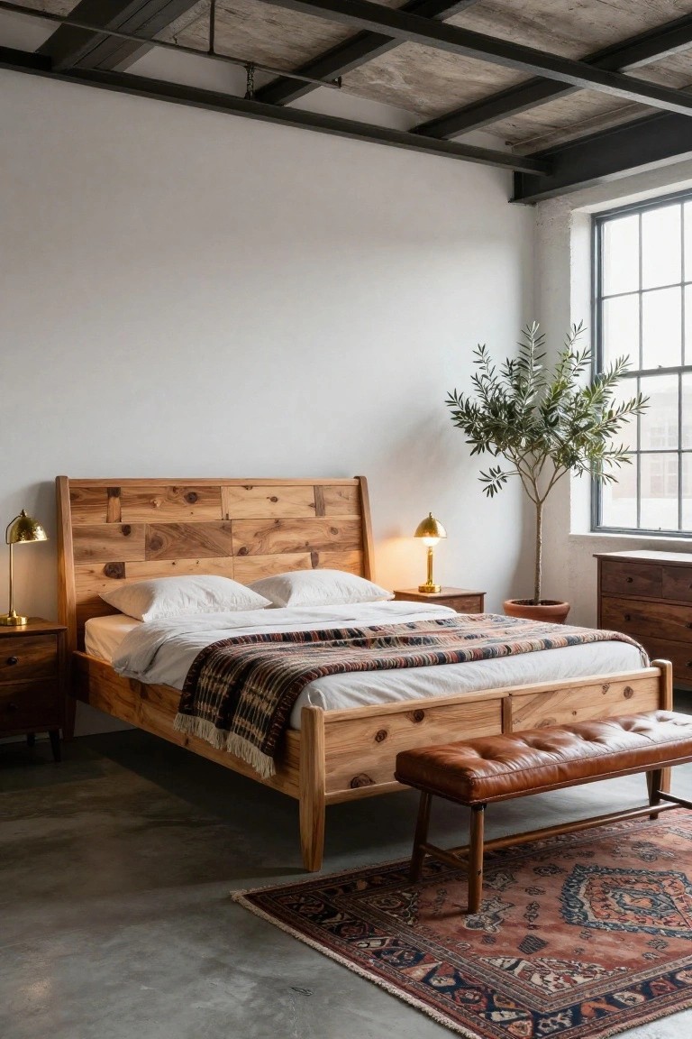 Bedroom interior with a wooden platform bed featuring paneled headboard, matching wooden nightstands and dresser, olive tree in pot, leather bench, patterned rug, and industrial ceiling with large windows.