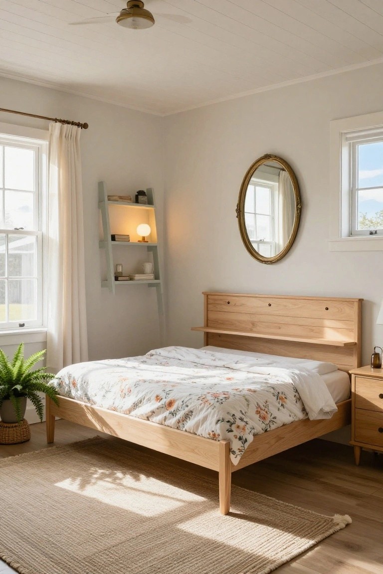Bright wooden bed with floral bedding in a sunlit minimalist bedroom.