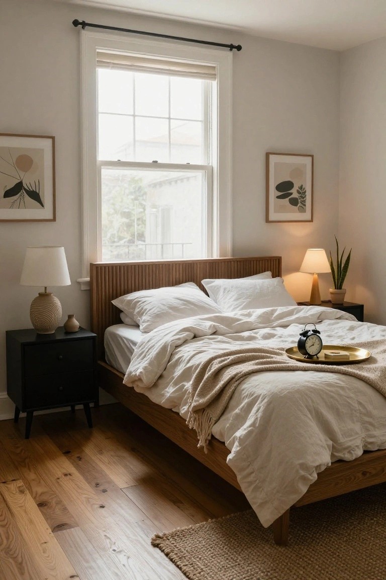 Bedroom with low wooden bed frame featuring vertical slats on headboard, rumpled white linens and throw, black nightstand with lamp and vase, opposite nightstand with plant, neutral walls, art prints, and window with blinds.