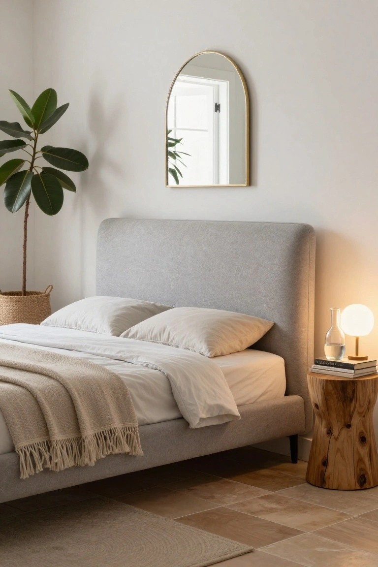 Serene bedroom with gray bed, arched mirror, wooden nightstand, and potted plant.