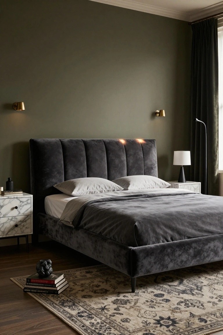 A bedroom with a dark gray velvet tufted upholstered bed frame against green walls, marble nightstands, wall sconces, a table lamp, and a patterned rug on wood floors.