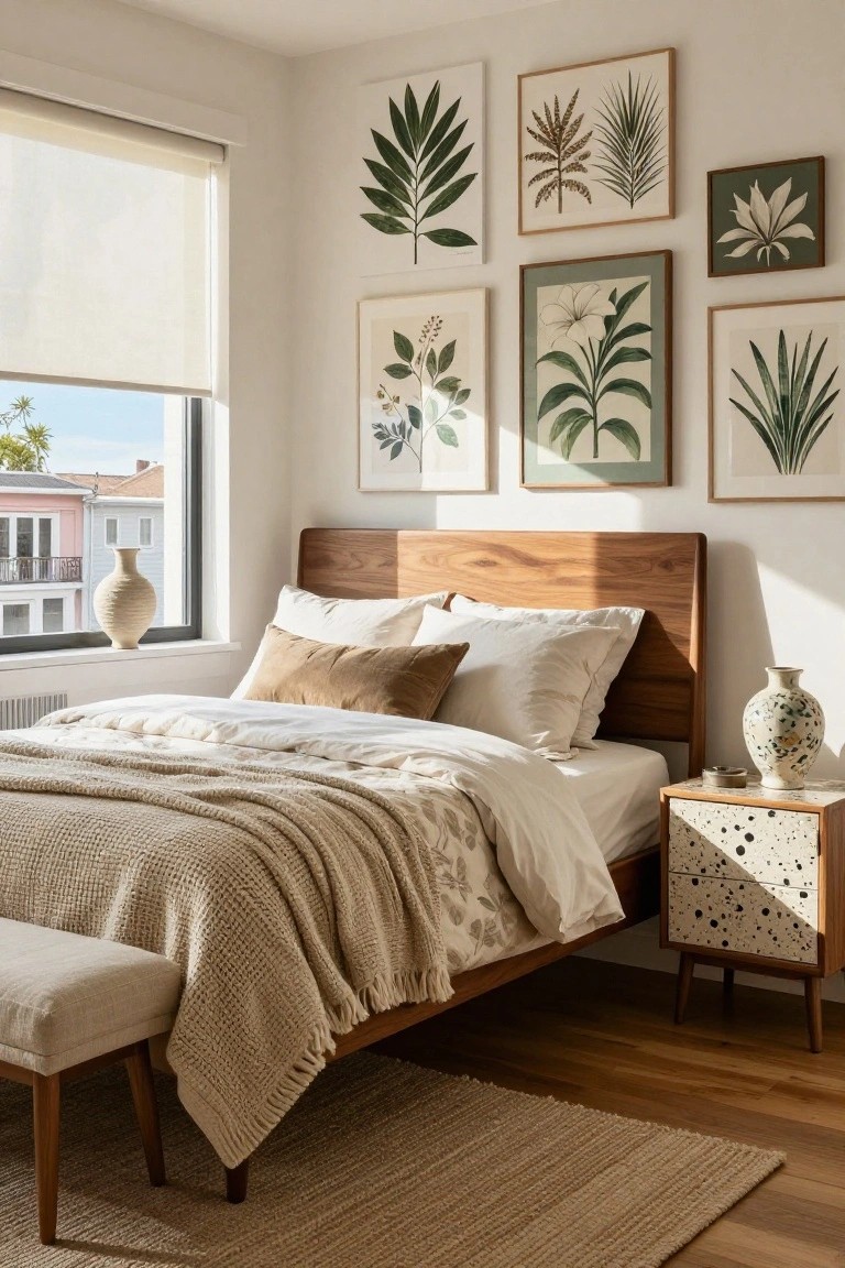 Sunlit bedroom corner showing a low wooden platform bed with white sheets, beige velvet pillows, knit throw, nightstand with ceramic vase and incense holder, foot bench, botanical art on walls, roller shade window with urban view.