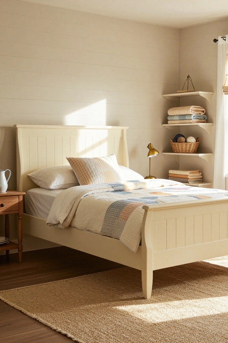 A bedroom with a white wooden sleigh bed frame topped by a patchwork quilt and pillows, a wooden nightstand with a pitcher, floating shelves holding linens and baskets, shiplap walls, and a seagrass rug on hardwood floors.