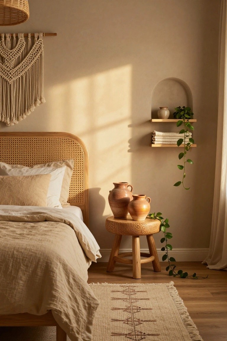 Bedroom with curved rattan headboard bed frame, beige linen bedding, two terracotta vases on carved wooden stool, macrame wall hanging, potted plants on shelves, and neutral rug in beige room with warm sunlight.