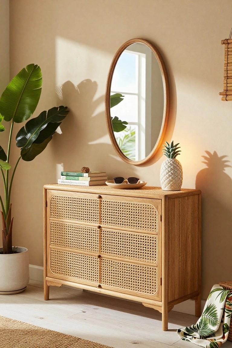 Wooden cane-front dresser with mirror, pineapple vase, books, and plant.