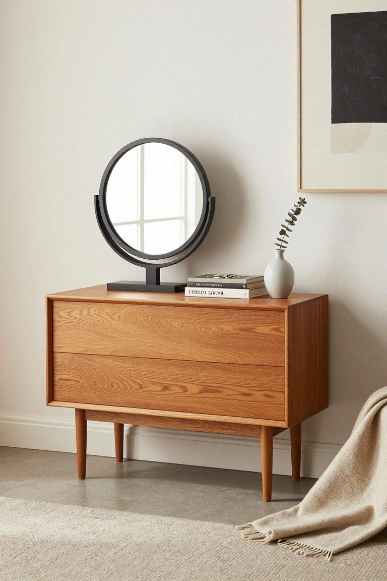 A wooden dresser with a round black mirror on top, along with a few stacked books and a small vase with greenery.