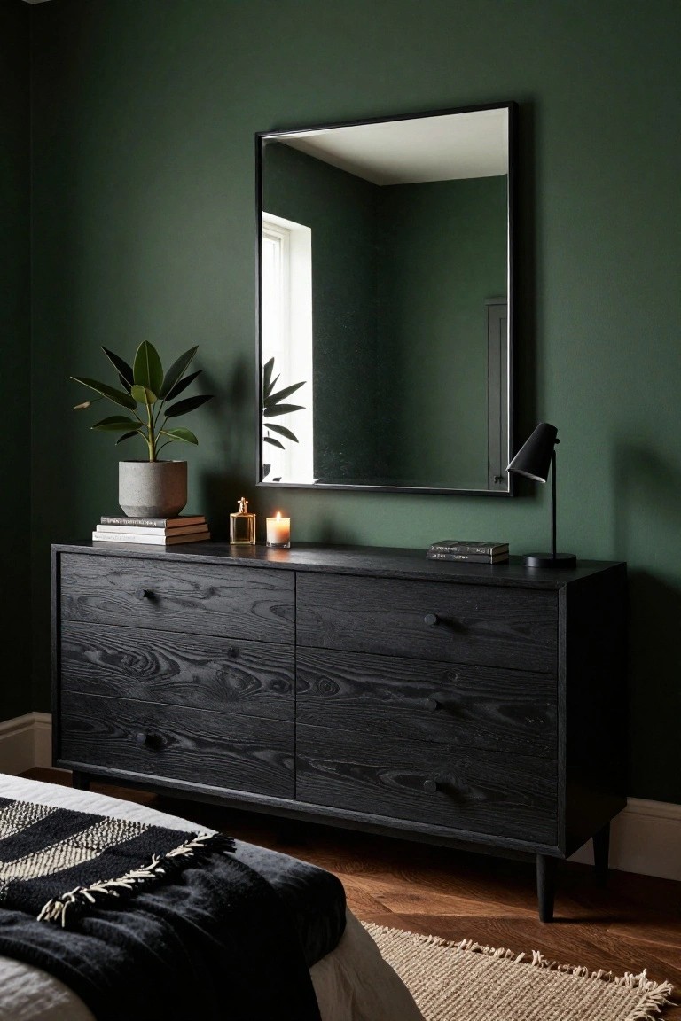 A black wooden dresser with six drawers sits against a dark green wall, topped with a large rectangular mirror, a potted plant, stacked books, a candle, and a black lamp.