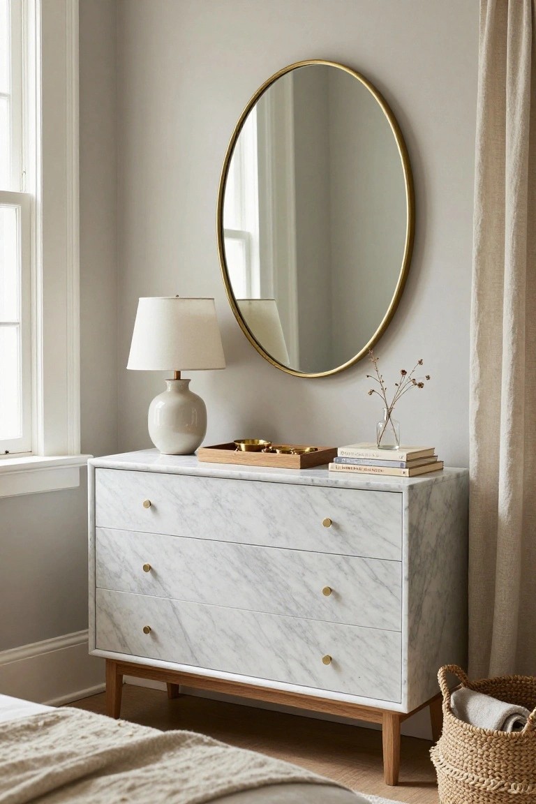 Marble dresser with gold mirror, lamp, books, and woven basket nearby.