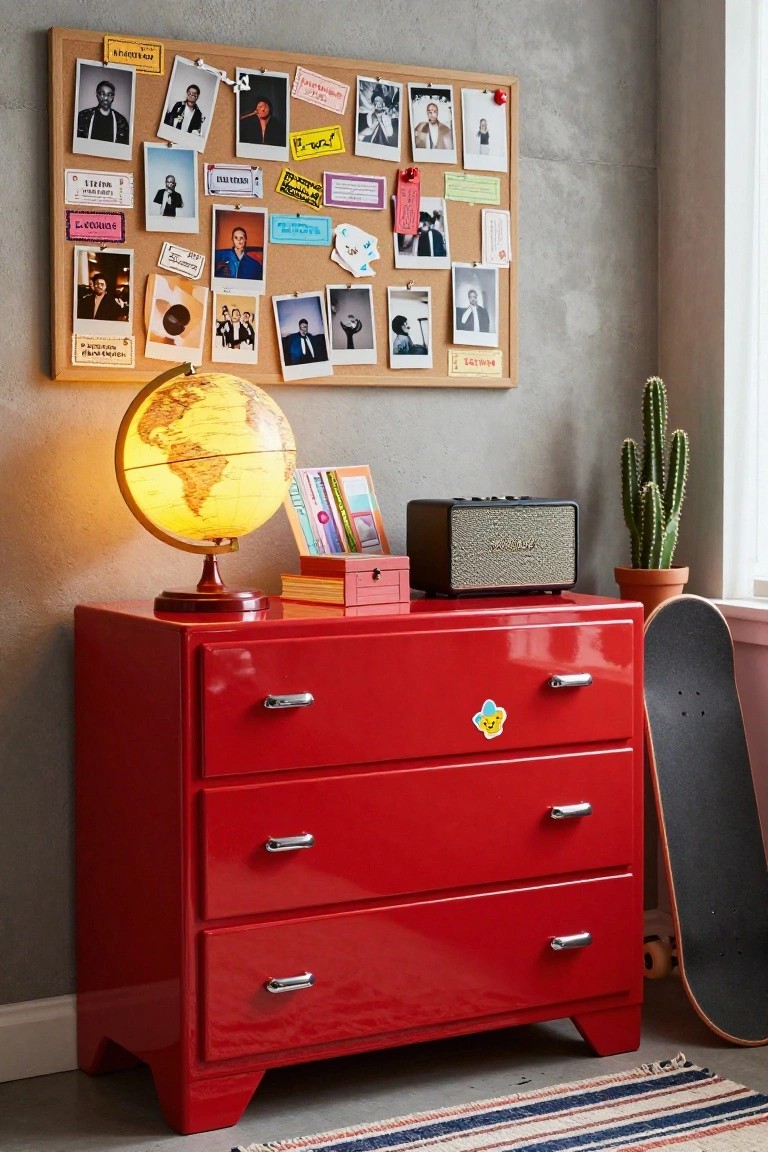 Red dresser with globe, radio, and photo-covered bulletin board above.