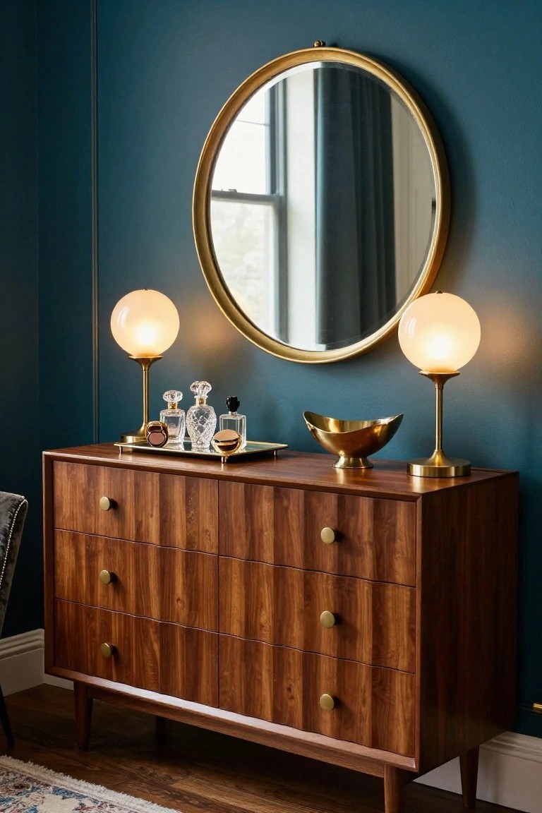 Mid-century wooden dresser with round gold mirror and glowing lamps.