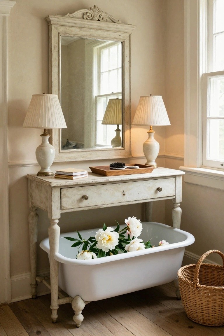 Vintage white vanity with mirror, lamps, flowers in bathtub, and wicker basket.