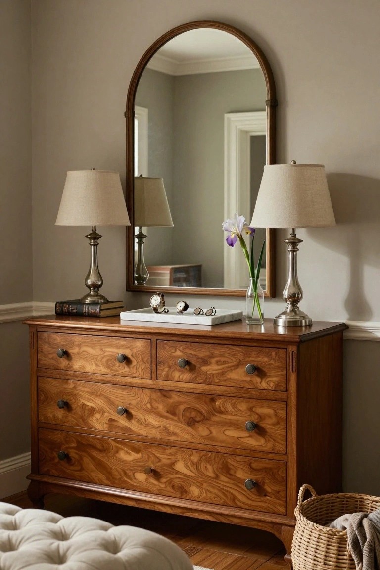 A wooden dresser with two matching silver lamps, stacked books, a marble tray, and a small vase of flowers sits beneath an arched mirror.