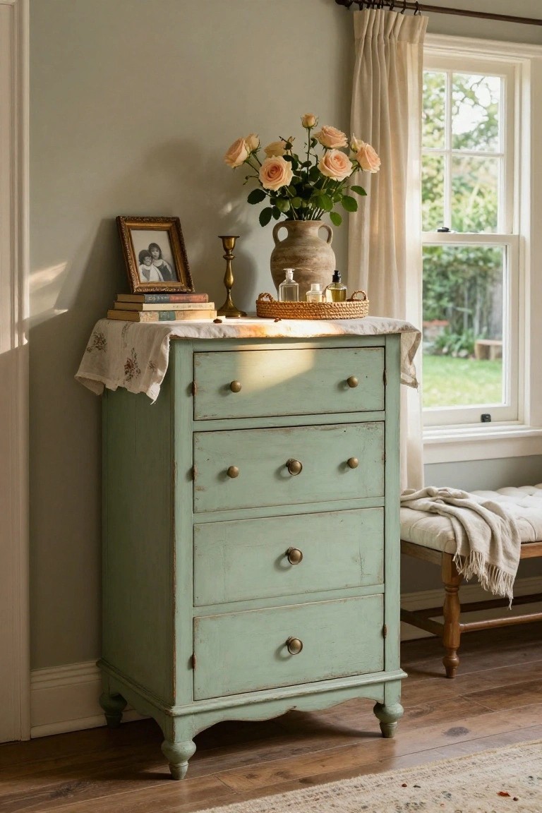 A mint green distressed dresser topped with a large vase of pink roses, a framed photo on books, a brass candlestick, and a tray of small bottles, placed beside a window in a bedroom.