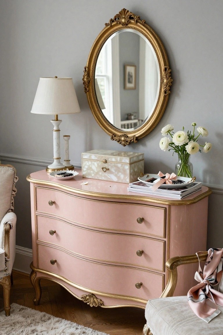 Pink and gold ornate dresser with mirror, lamp, and flowers.