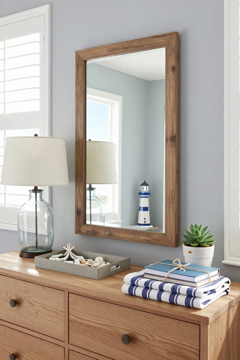 Wooden dresser with mirror, lamp, books, and coastal decor.
