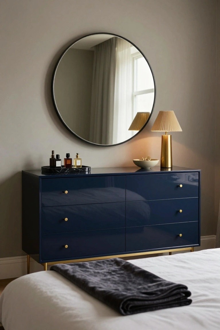 Navy blue dresser with round mirror, gold lamps, and perfume bottles.
