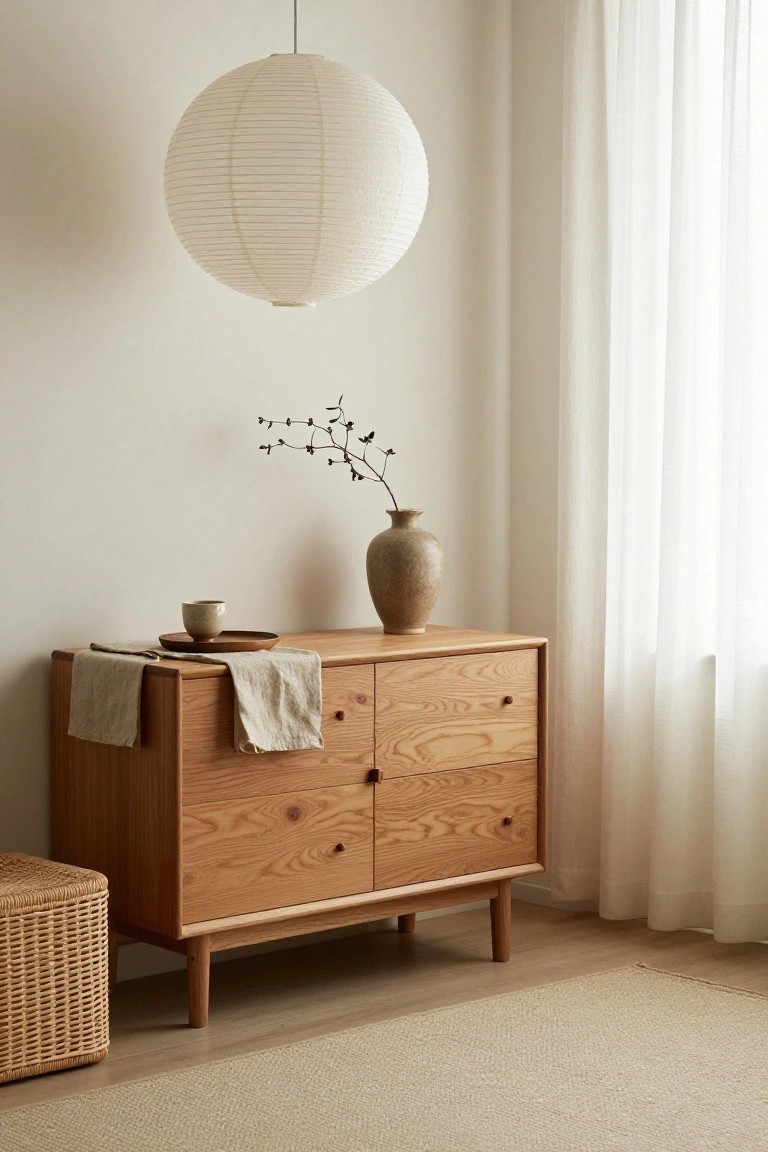 A light wood dresser with four drawers holds a ceramic vase with bare branches, a small cup on a tray, and a linen cloth draped over one corner, beneath a round paper lantern.