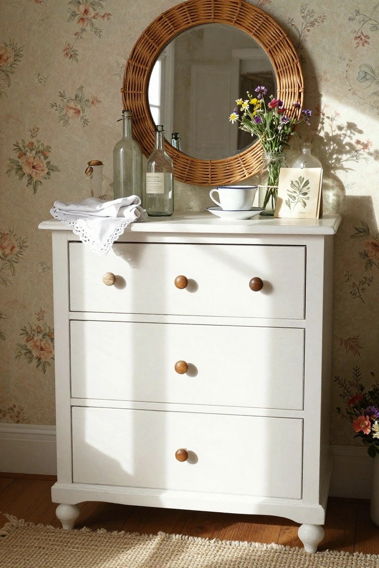 White dresser with drawers, round wicker mirror, and floral decor.