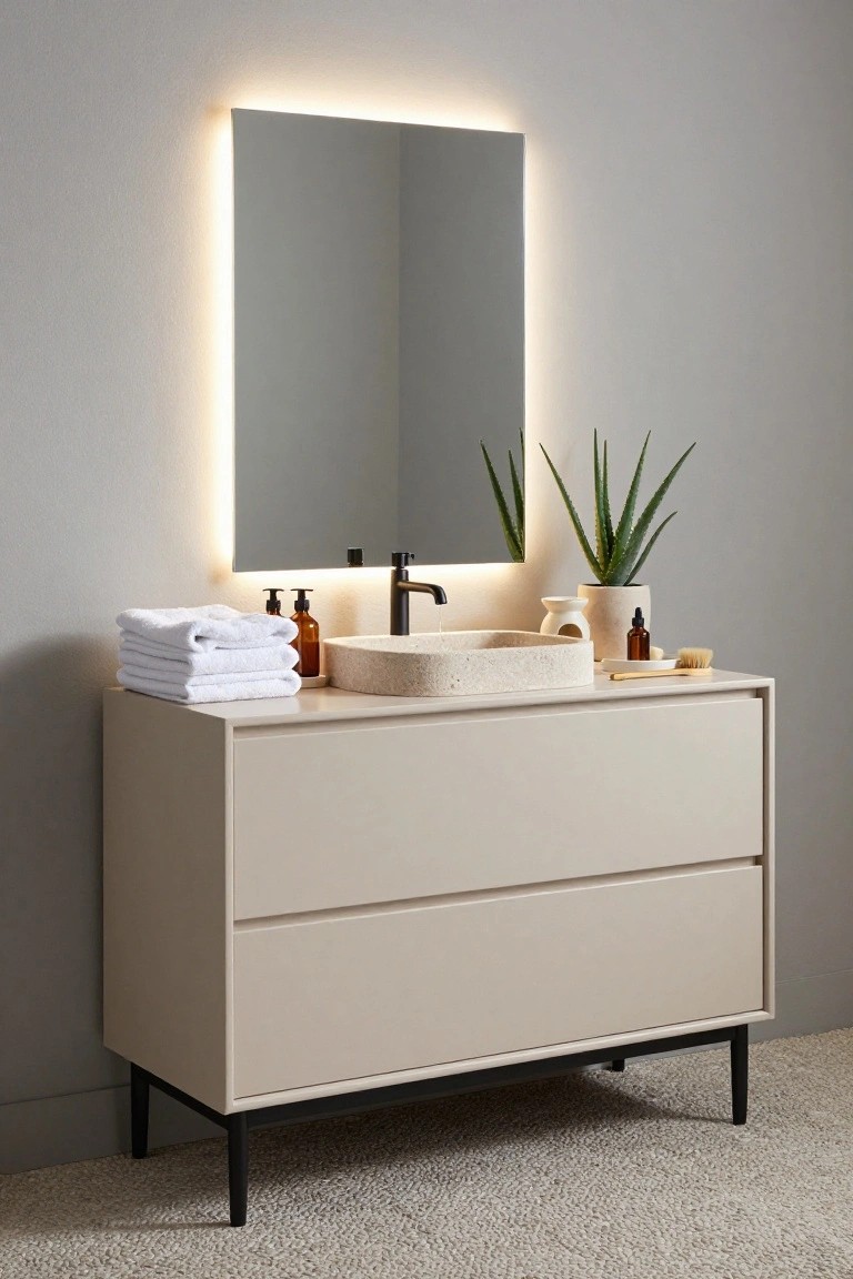 Modern beige bathroom vanity with stone sink, backlit mirror, and aloe plant.