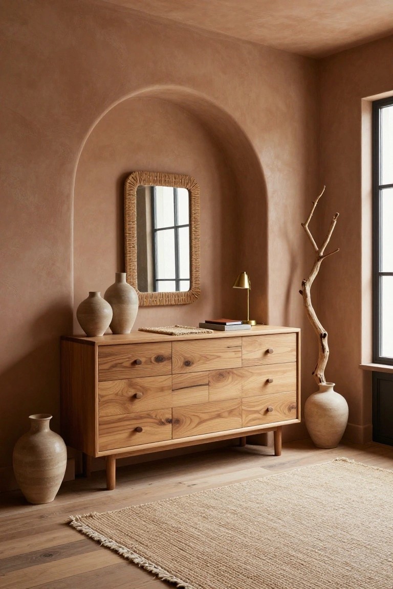 A wooden dresser with multiple drawers is placed against a terracotta wall beneath an arched niche holding a woven mirror, with clay vases, books, and a small lamp on top.