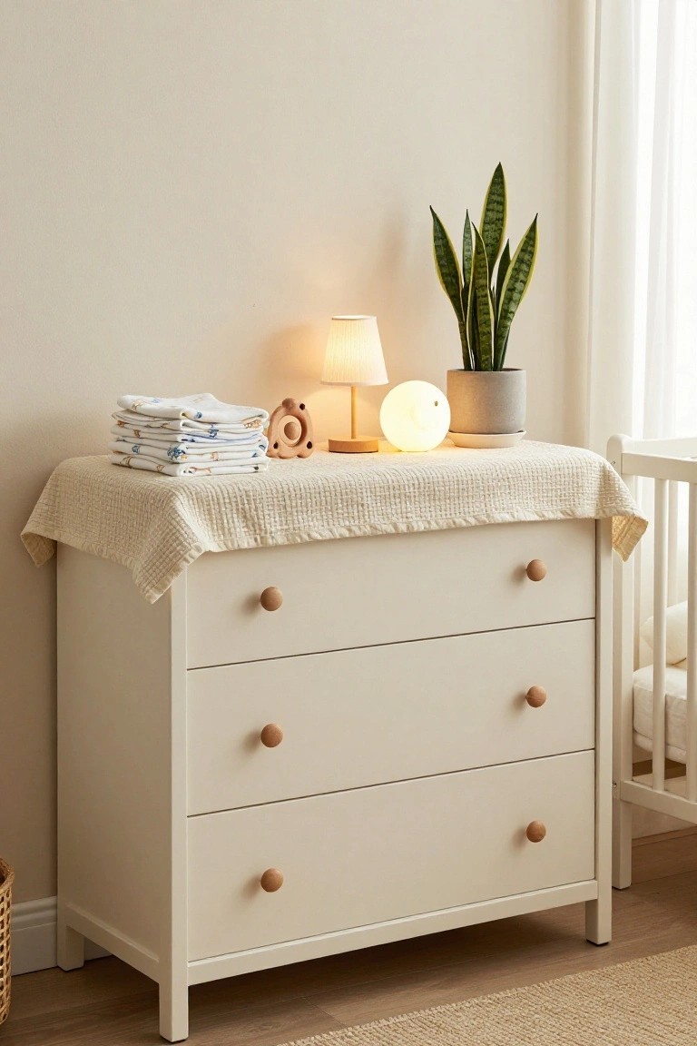 Cream dresser with three drawers topped with folded baby clothes and decor.