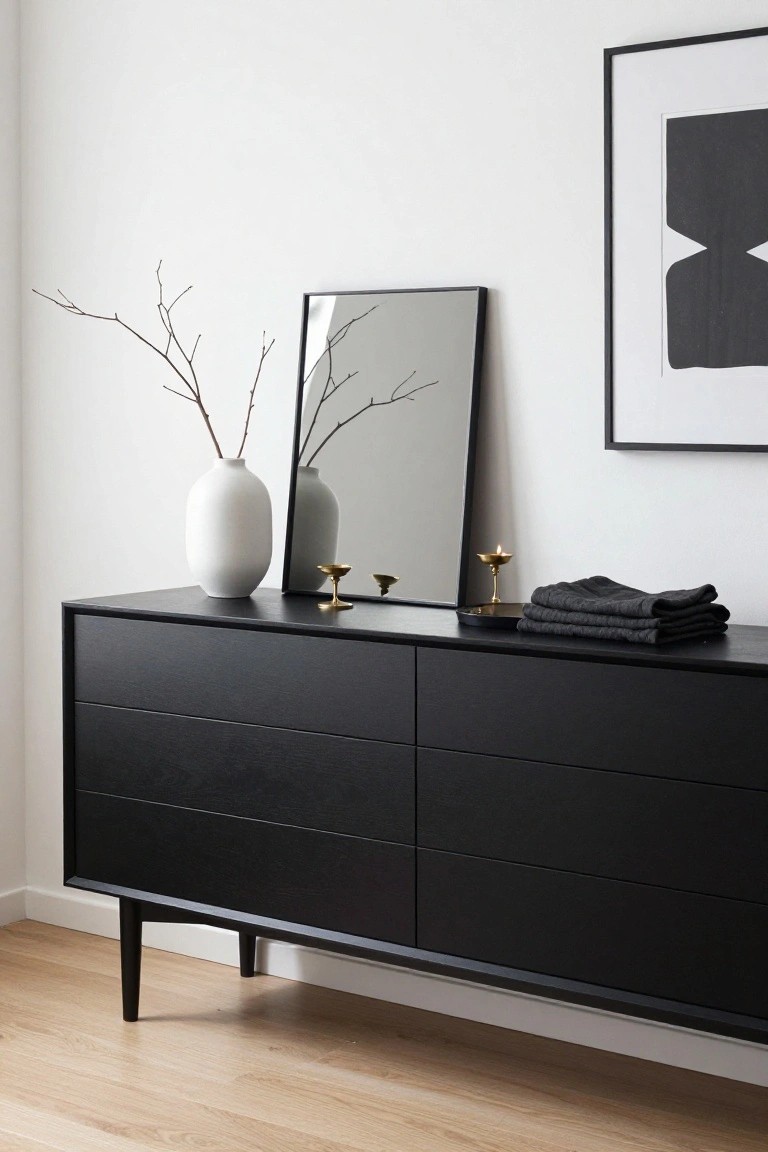 Black wooden dresser with mirror, white vase, branches, and gray towels.