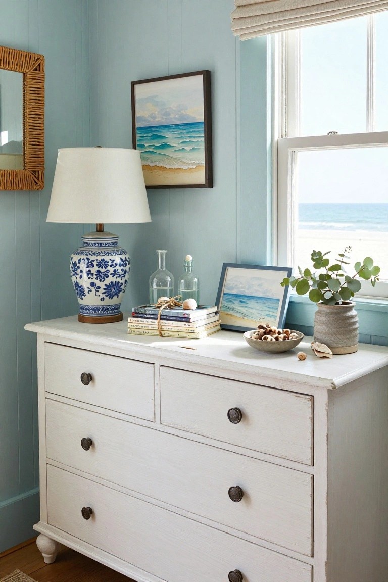 White dresser with blue lamp, books, and coastal decor by beach window.