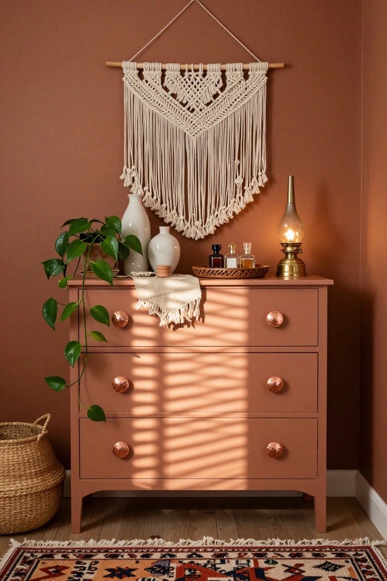 Terracotta dresser with copper knobs beneath macramé wall hanging and warm lighting.