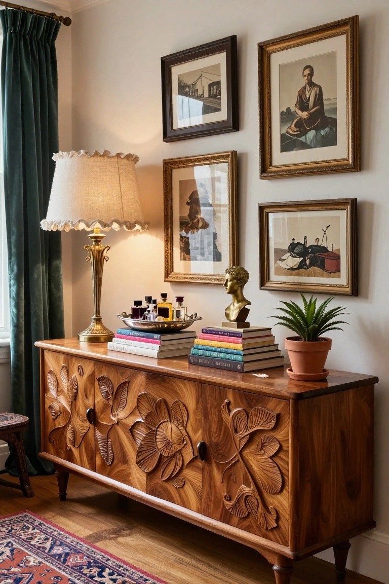 Wooden sideboard with carved doors, lamp, books, bust, and framed art.