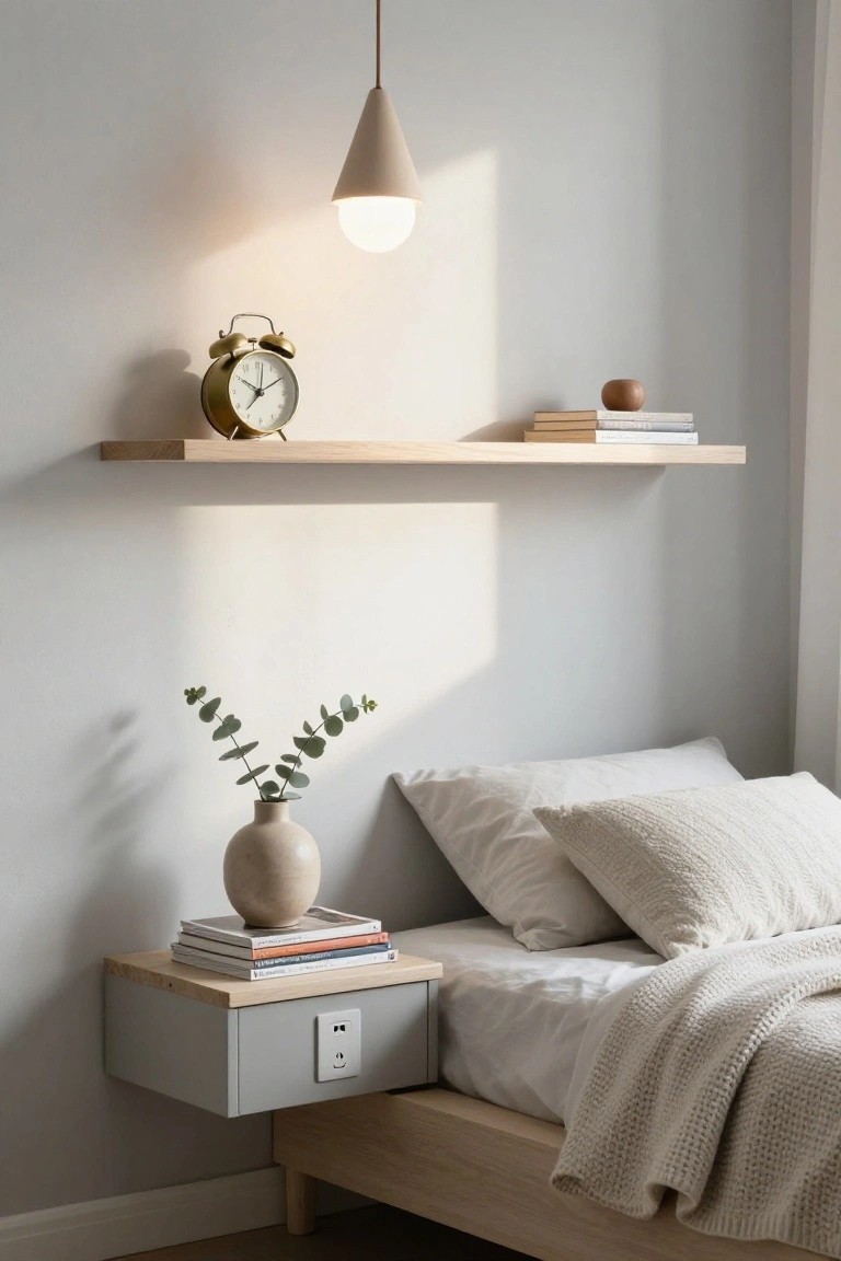Minimalist bedroom with floating shelf, pendant light, and floating nightstand.
