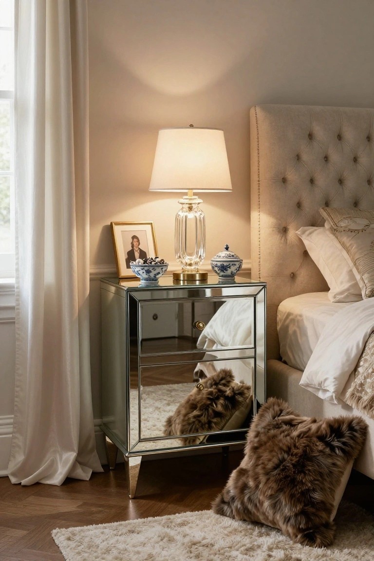 A bedroom with a mirrored nightstand holding a lamp and small decor items next to a tufted upholstered bed.
