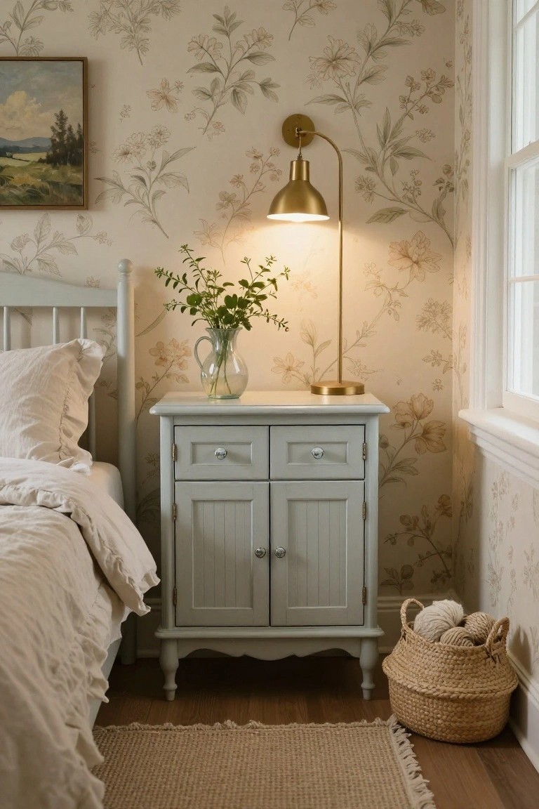 A light gray wooden bedside cabinet with two drawers and two doors sits next to a bed, topped with a brass wall lamp and a glass vase of greenery.