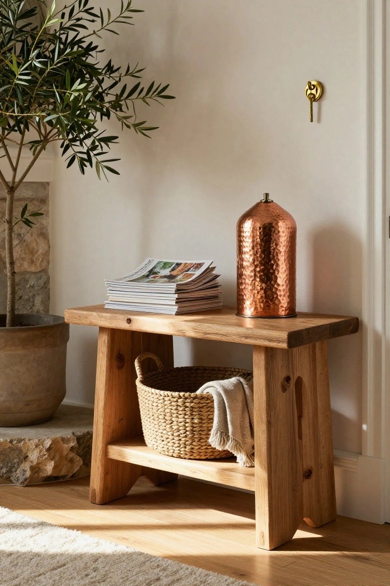 A rustic wooden bench used as a side table holds a stack of magazines and a hammered copper lamp, with a woven basket on the lower shelf.