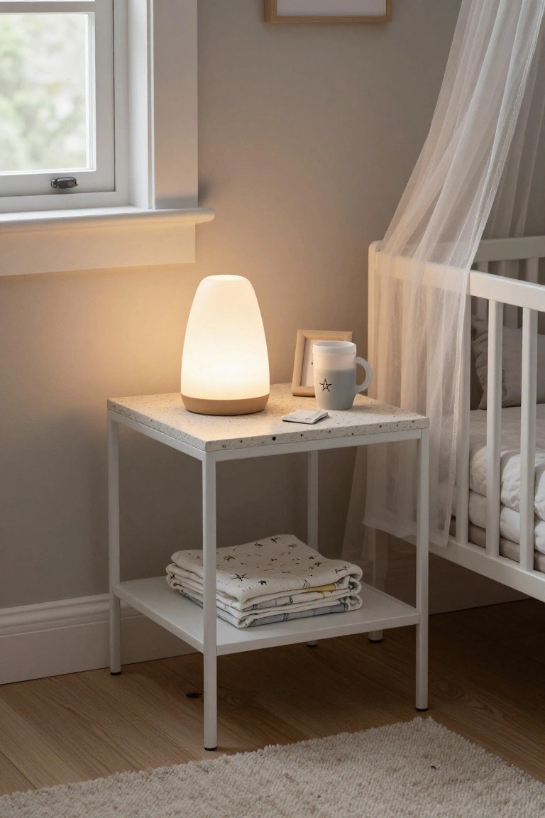 Nightstand with glowing lamp, mug, and folded baby clothes beside crib.
