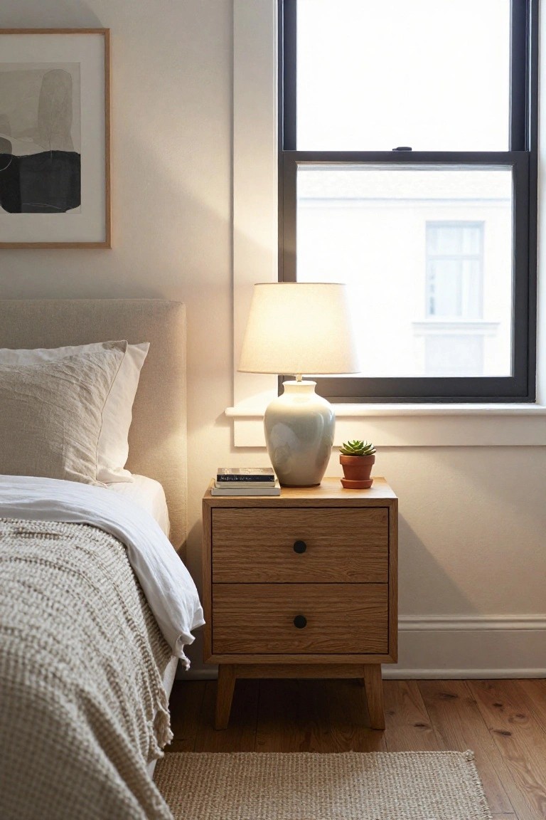 Cozy bedroom with wooden nightstand, lamp, and bed by window.