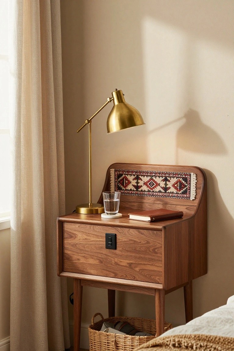 A wooden bedside table with a single drawer, brass lamp, glass of water, and book next to a bed.