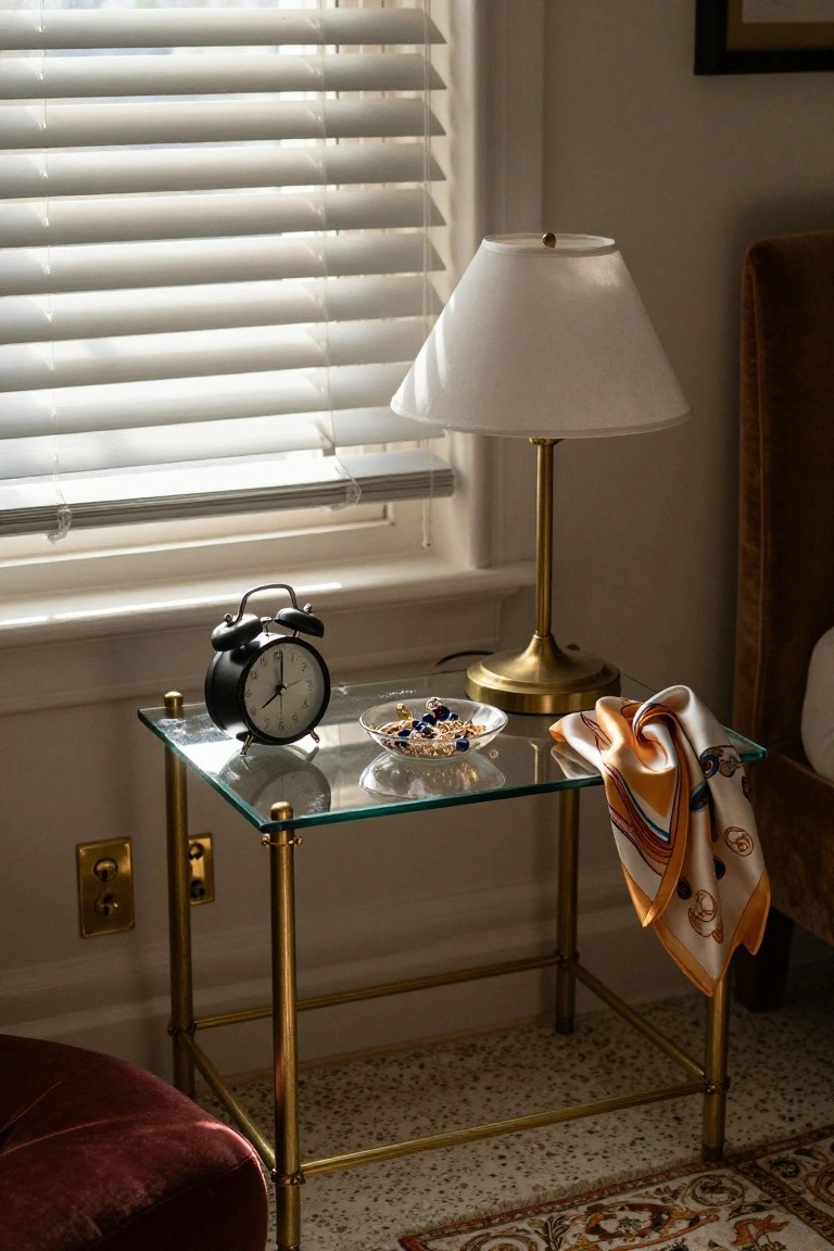 A glass and brass bedside table next to a window holds a black alarm clock, a white lamp, and a small bowl, with a patterned scarf draped over the edge.