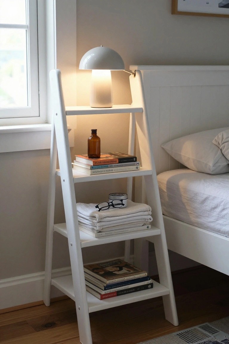 White leaning ladder shelf with lamp, books, towels, and glasses beside bed.