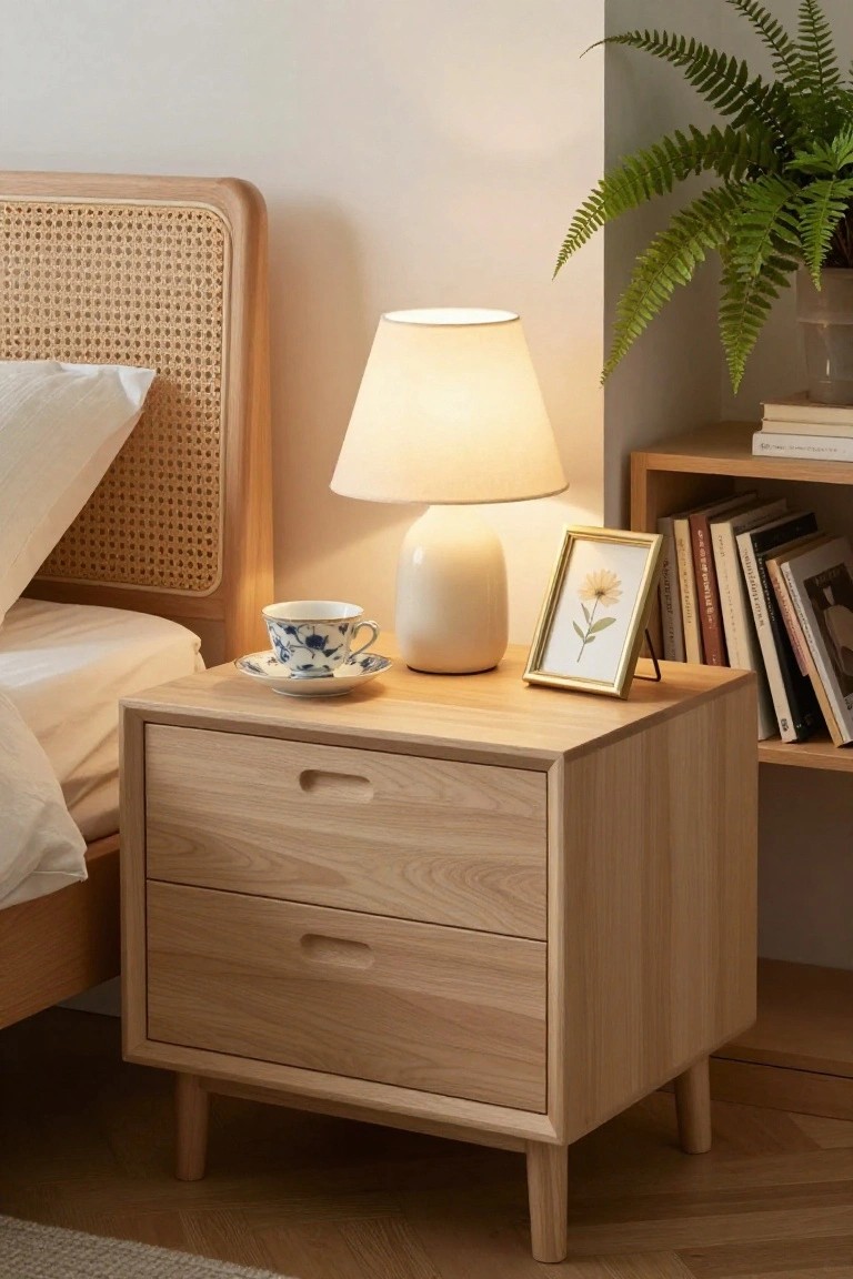 Wooden nightstand with lamp, teacup, framed flower, and books beside bed.